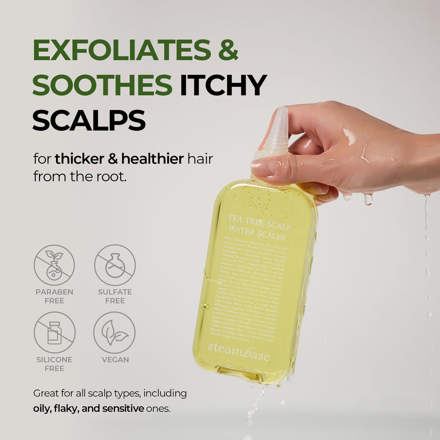 STEAMBASE Tea Tree Scalp Water Scaler | Exfoliator for Itchy Dry Flaky Scalp, Buildup Remover, Treatment for Excess Sebum Oily Greasy Hair | Korean Hair Care Products, Refill 16.9 fl oz