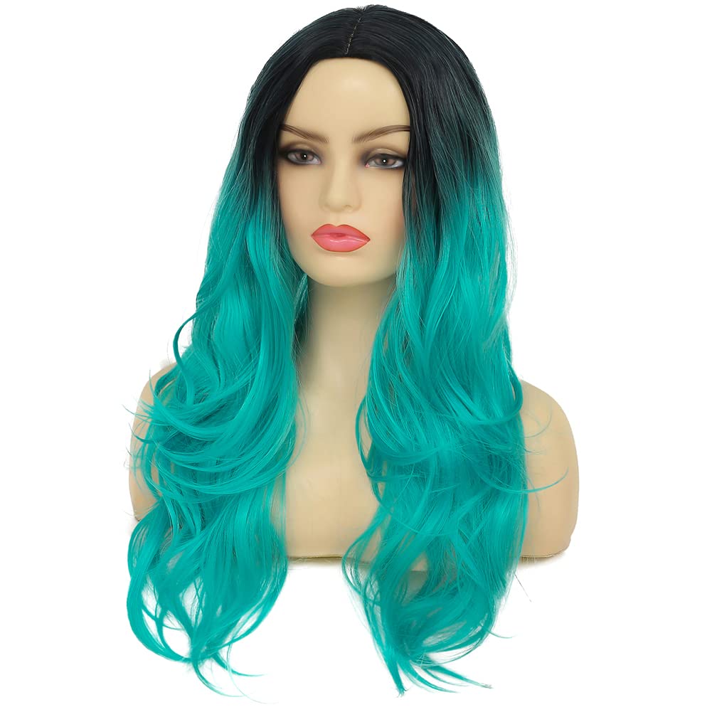 Swiking Curly Ombre Bluish Green Wigs for Women Long Wavy Natural Middle Part Dark Roots Blue Wave Hair Wigs Synthetic Wig for Party Cospaly Halloween