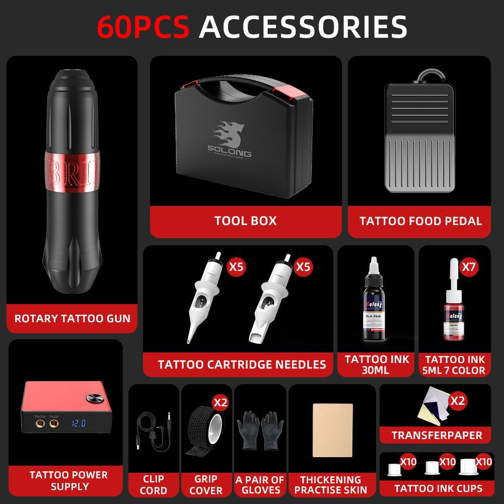 Solong Tattoo Kit Complete Rotary Tattoo Machine Gun Kit with 20pcs Needles Cartridges Tattoo Ink Set Digital Power Supply Tattoo Pen Kit EK129-1-US…