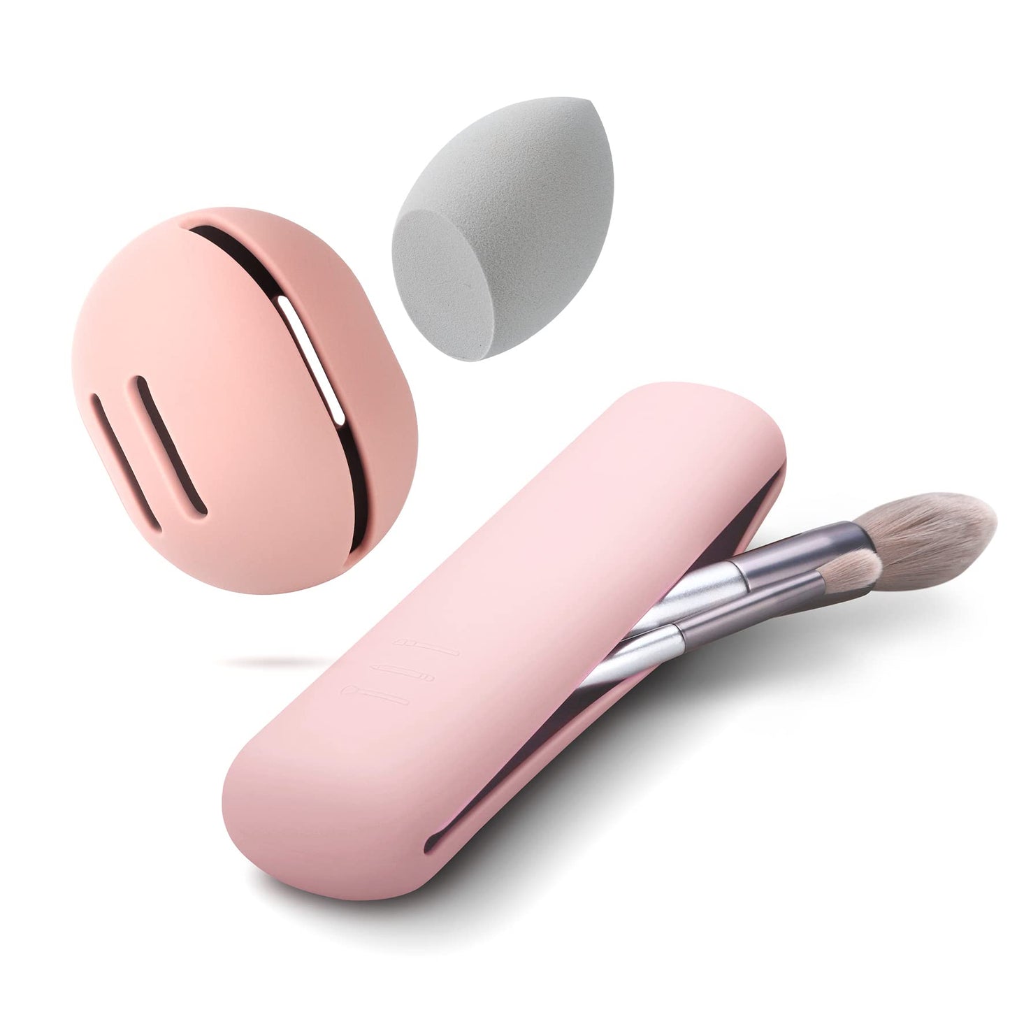FERYES Travel Makeup Sponge Brush Holder, Soft Silicone Beauty Make Up Brush Blender Case Organizer for Travel- Pink