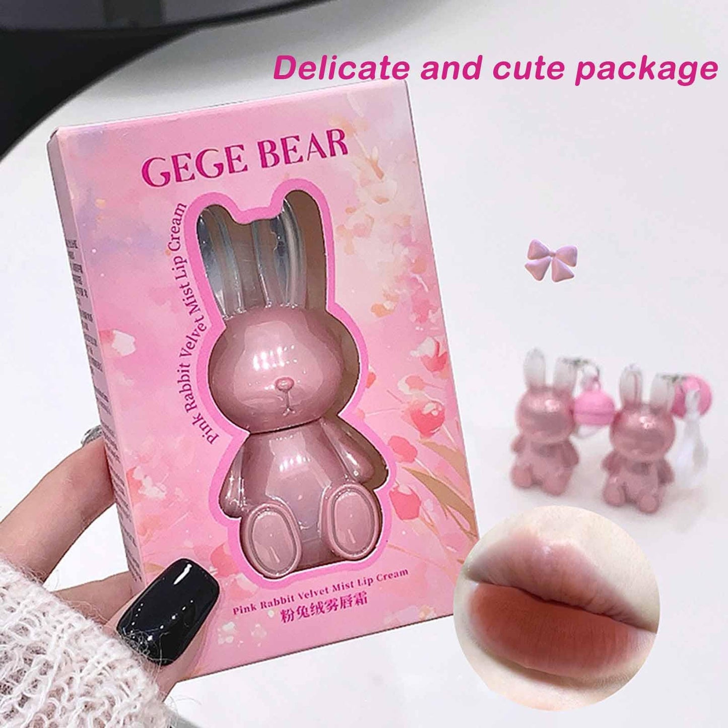 KTouler 3 Colors Cute Bunny Lip Gloss Keychain Set, Red Pink Brown Liquid Velvet Matte Lipstick,Long Lasting Soft Lipstick for Women Girls
