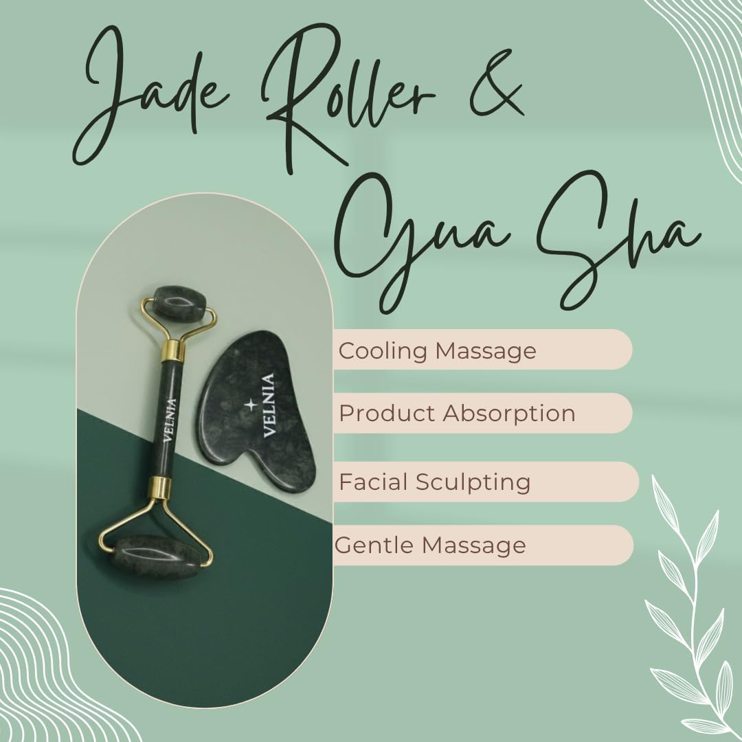 VELNIA Facial Skincare Kit – Jade Roller + Gua Sha + Retinol Serum with Hyaluronic Acid & Vitamin E – Anti-Aging & Face Massage Set for Women and Men
