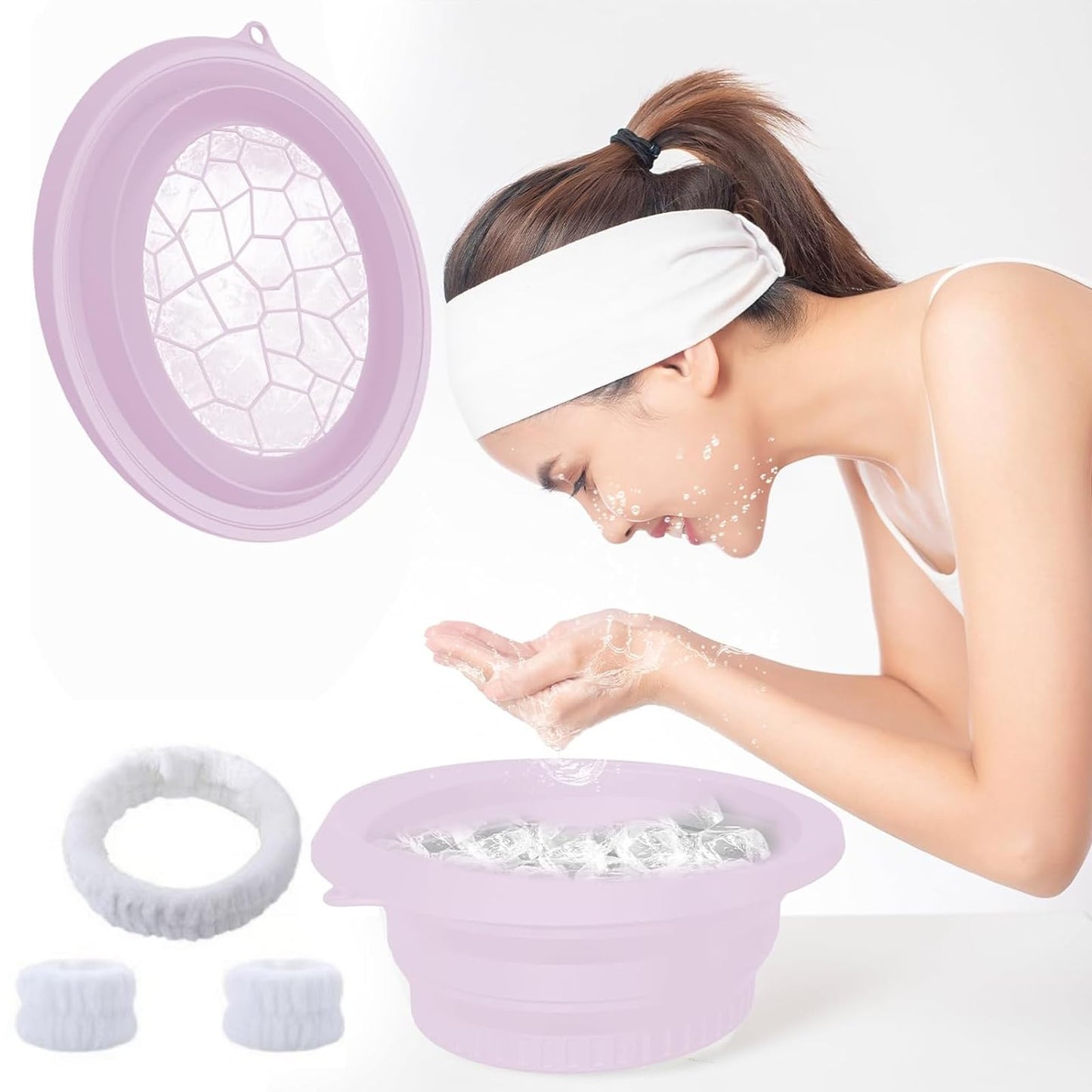 Portable Ice Bath Bowl for Face - Collapsible Silicone Bowl with Built-In Ice Tray for Acne Relief for Home, Travel & Parties (Purple)