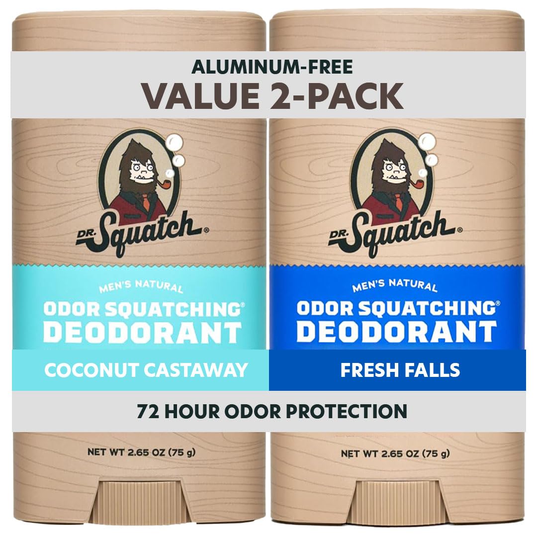 Dr. Squatch Natural Men's Deodorant - Aluminum-Free Charcoal & Postbiotics for 72-Hour Odor Protection | Coconut Castaway + Fresh Falls, 2.65oz Stick (2-Pack)