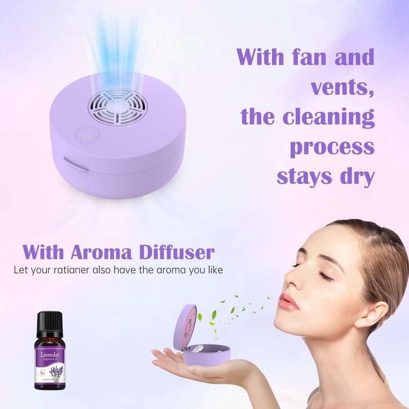 Voraiya U/V Retainer Case with Fan, Portable Cleaning Denture Cases with UVC Lights Rechargeable Retainers Cleaner Container for Partial Denture, Aligners, Mouth Guard, Night Guard, Braces (Purple)