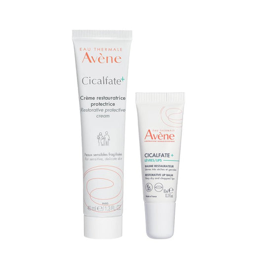 Avène Cicalfate+ Essentials, includes Restorative Protective Cream and Lip Cream, helps resotre skin barrier