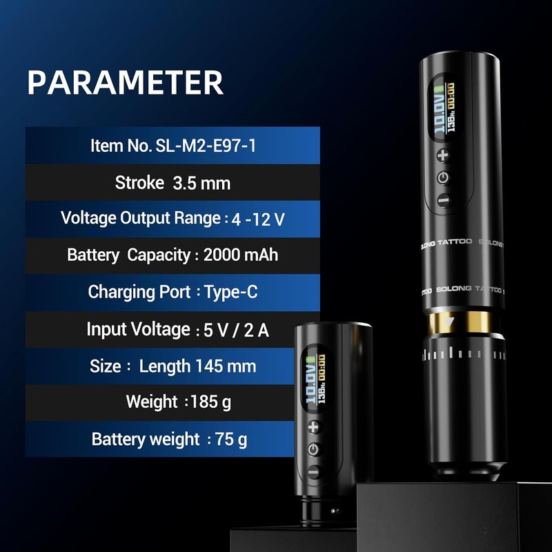 Tattoo Machine - Digital Rotary Pen with LED Display & 2 Fast Charging Batteries | Black