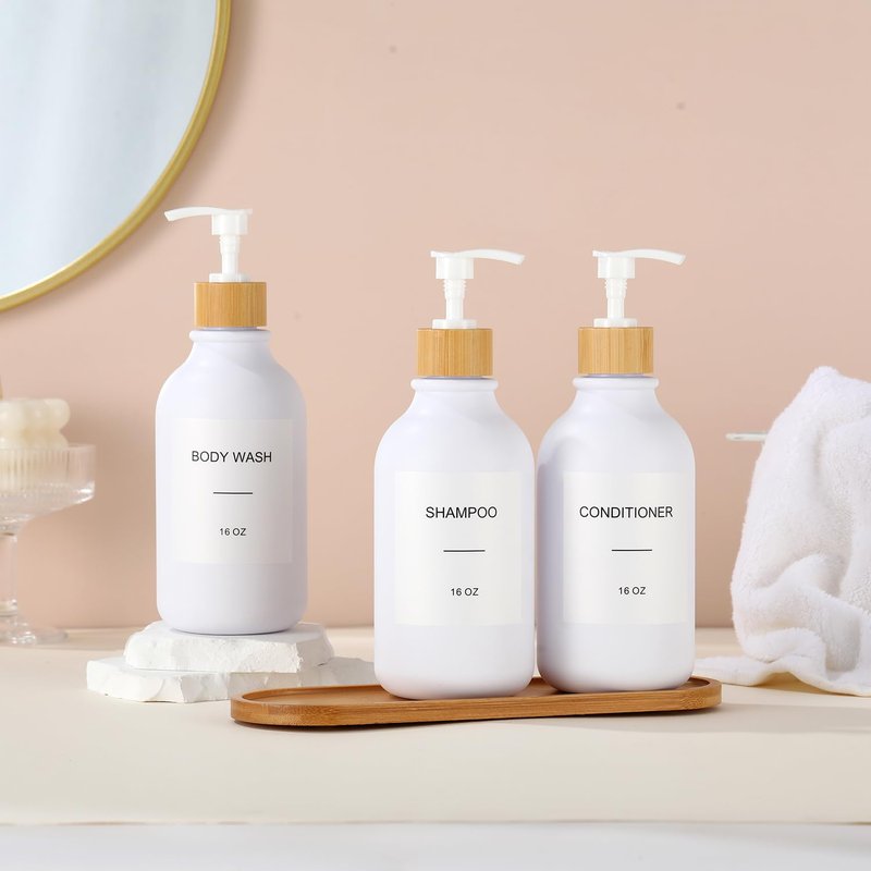 Shampoo and Conditioner Dispenser, Shower Soap Dispenser with Bamboo Pumps/Tray, Refillable Shampoo and Conditioner Bottles, Shower Shampoo Dispenser 3 Chamber, 16oz(White)
