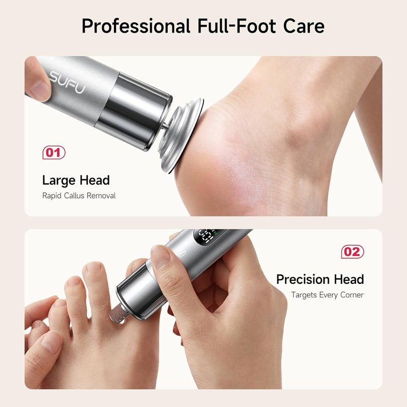 Electric Foot Callus Remover - 2 in 1 USB Rechargeable Foot File with Digital Display | Cordless Aluminum Pedicure Tool in Silver