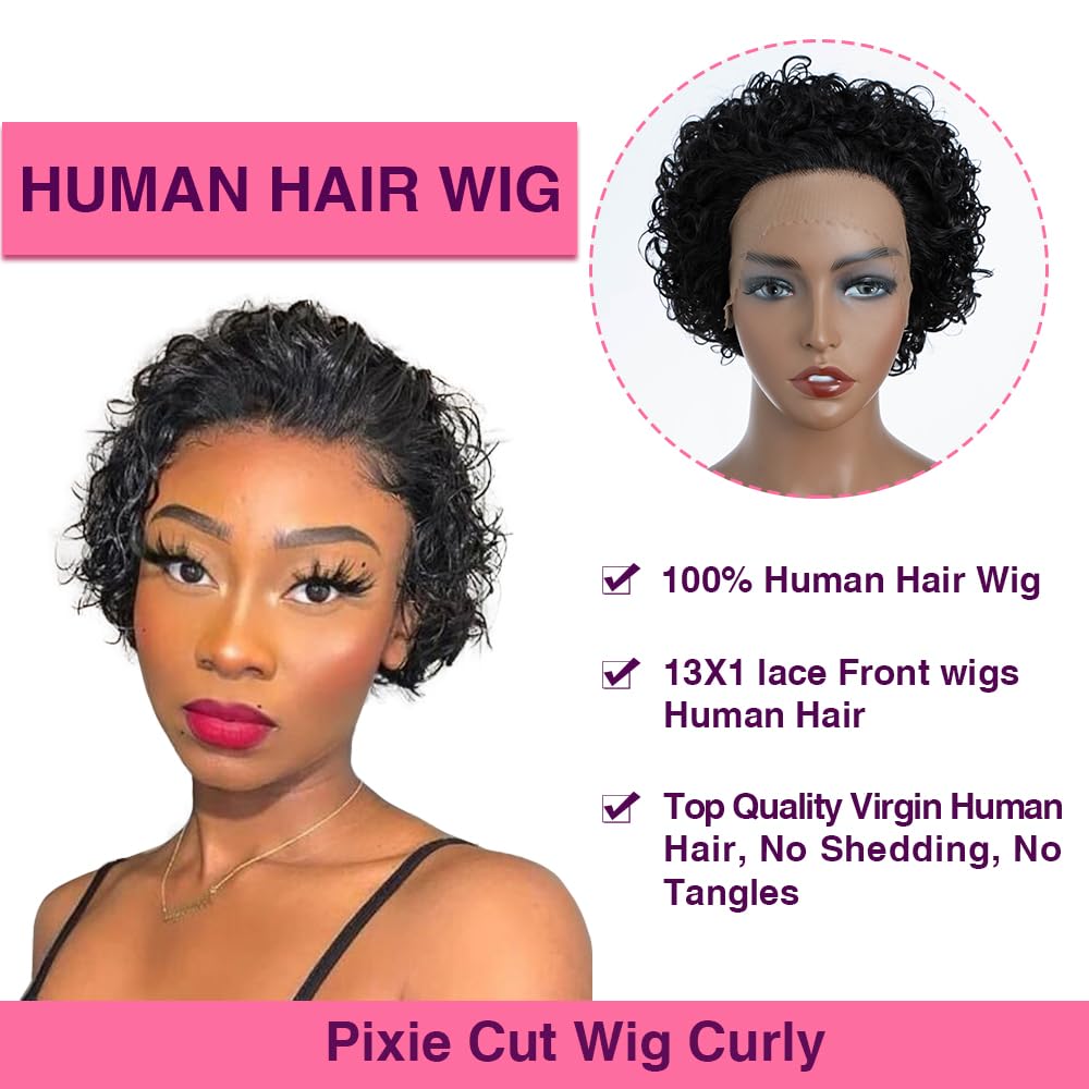 QUEEN VIRGIN REMY QVR Pixie Cut Wig Curly Lace Front Wigs 13x1 short curly lace front wigs human hair HD Lace Pixie Human Hair Wigs for Black Women Glueless Wigs (Natural Black)