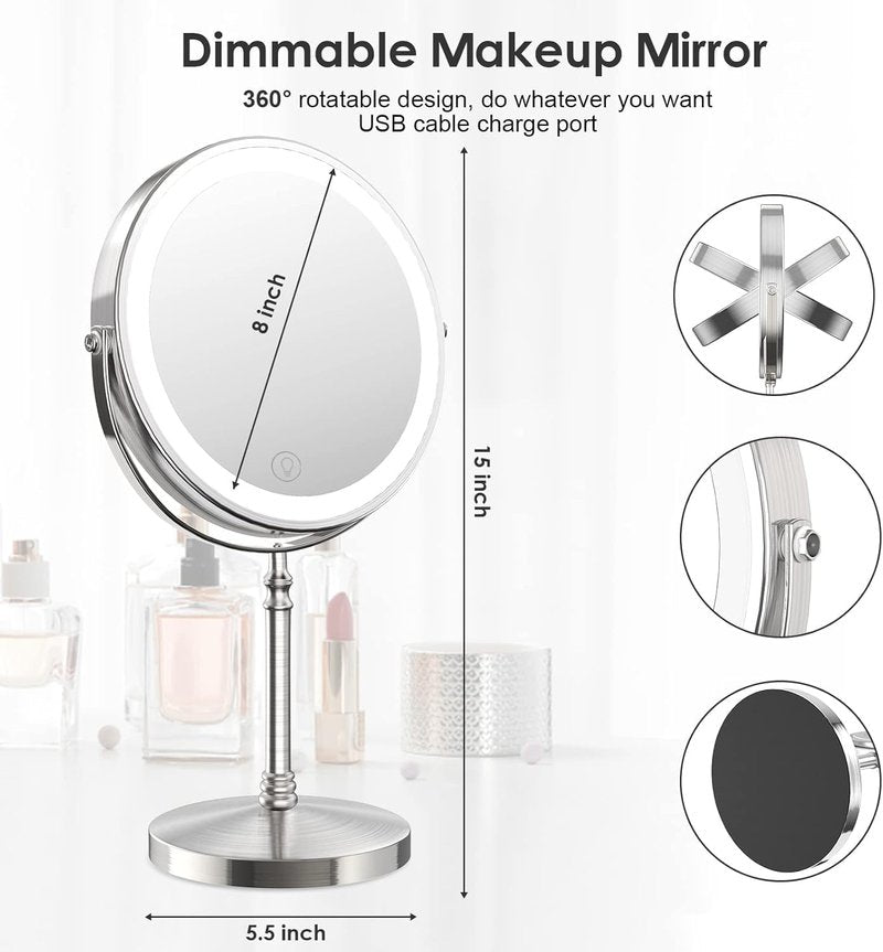 Double-Sided Makeup Mirror - 3000mAh Rechargeable Vanity Mirror with 3 Color Modes | 1X/10X Magnification, Adjustable Brightness