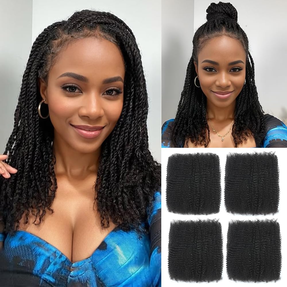 Afro Kinkys Bulk Human Hair 16 Inch 4 Bundles Afro Kinky-curly Human Braiding Hair Bulk for Spring Hair Twist Dreadlock Extensions Locs Braids Repair 70g Natural Color#