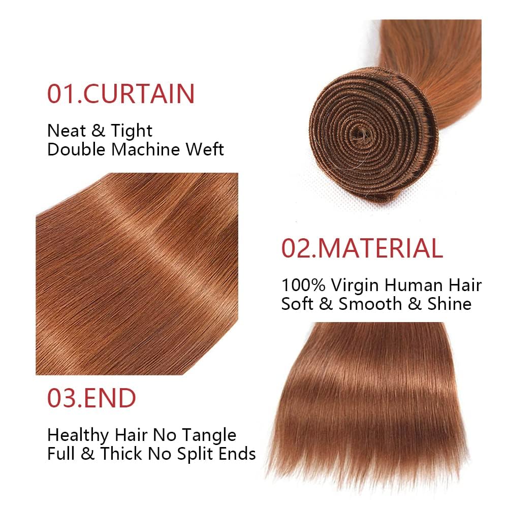 Human Hair Bundles #30 Light Brown Straight Remy Hair Extensions - Double Weft | 8, 10, 12 Inch