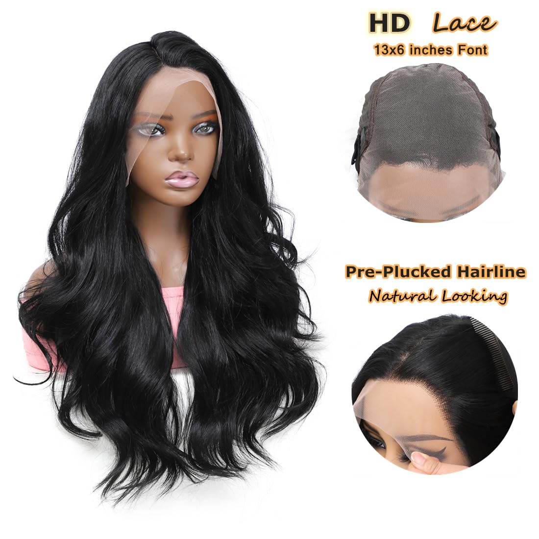 Lenaqueen HD LACE Front Wig Wavy 13X6 Glueless Synthetic Lace Front Wigs Synthetic Fiber Heat Resistant Synthetic Lace Wigs Pre-plucked Hairline Synthetic Wig for Black Women (Natural Black)