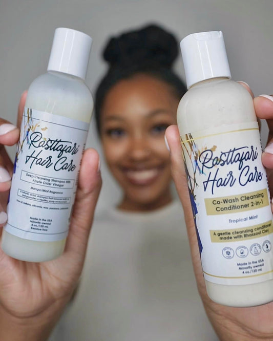 Rastta Loc's Duo Set: pH Balancing ACV Shampoo and Rhassoul Clay Co-Wash Rinse. Two 8oz. Bottles. Weekly and Monthly Braid, Dreadlock Washing Kit