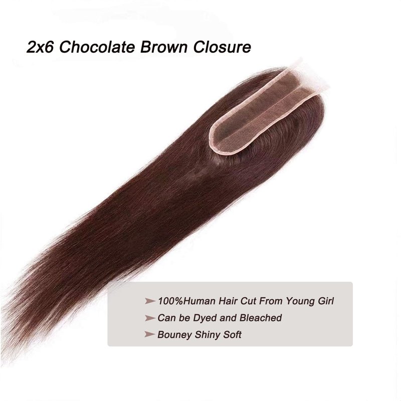 #4 Brown Human Hair Closure Transparent Lace 2x6 Brown Straight Wave Closure Pre Plucked Deep Part 100% Unprocessed Human Virgin Hair Wet And Wavy 14 Inch