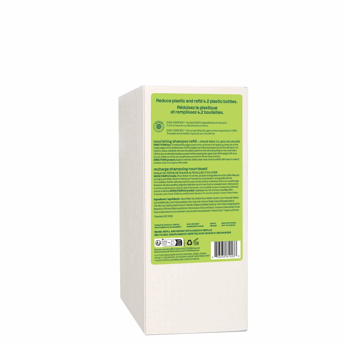 ATTITUDE Nourishing Hair Shampoo, EWG Verified, For Dry and Damaged Hair, Naturally Derived Ingredients, Vegan and Plant Based, Grapeseed Oil and Olive Leaves, Bulk Refill, 67.6 Fl Oz