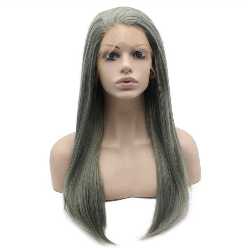 MX angel Heat Friendly Fiber Lace Front Natural Long Straight Dark Green Gray Lace Wig