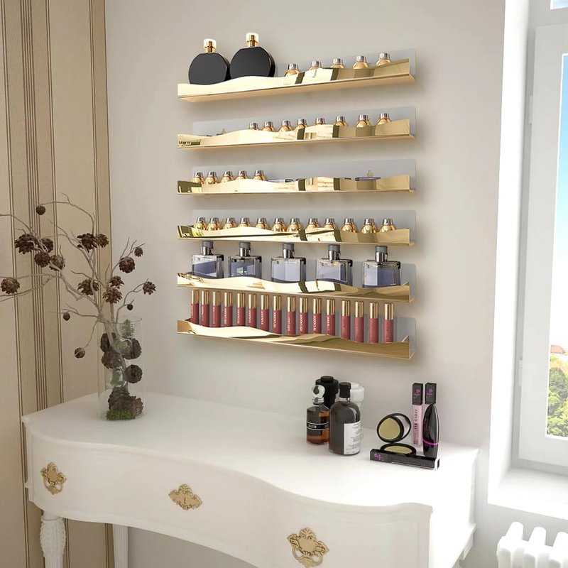 YMVV Wall-Mounted Nail Polish Shelves, 5-Inch Gold Mirror Finish Nail Polish Organizer Rack, Makeup Sunglasses Essential Oil Storage Display Rack 6 Pack