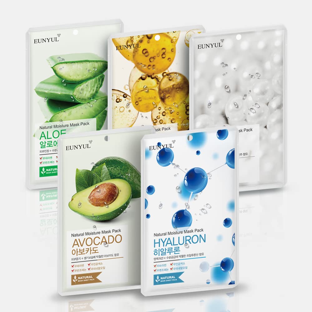Natural Face Mask Sheet Set - 50 Pack of Korean Skincare Masks | Aloe, Collagen, Pearl, Hyaluron, Avocado