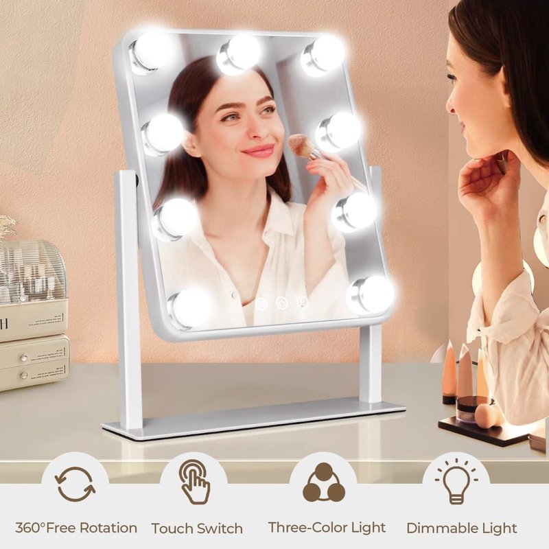 Leadzones Hollywood Vanity Mirror with Lights,Tabletop Makeup Mirror with 9 LED Lights Smart Touch Control 3 Colors Light 360°Rotation Detachable 10X Magnification