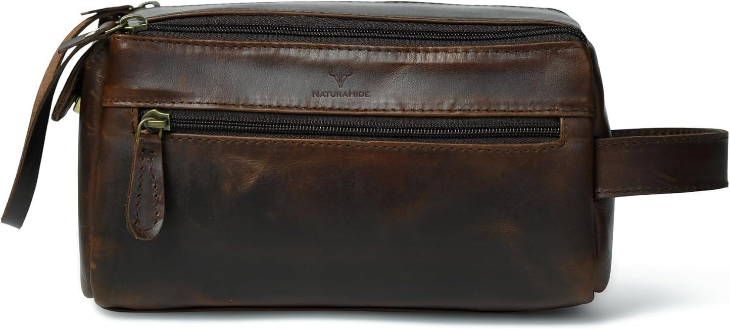Leather Toiletry Bag for Men - Handmade Travel Kit with Durable Waxed Canvas Lining | Small Brown Shaving Organizer