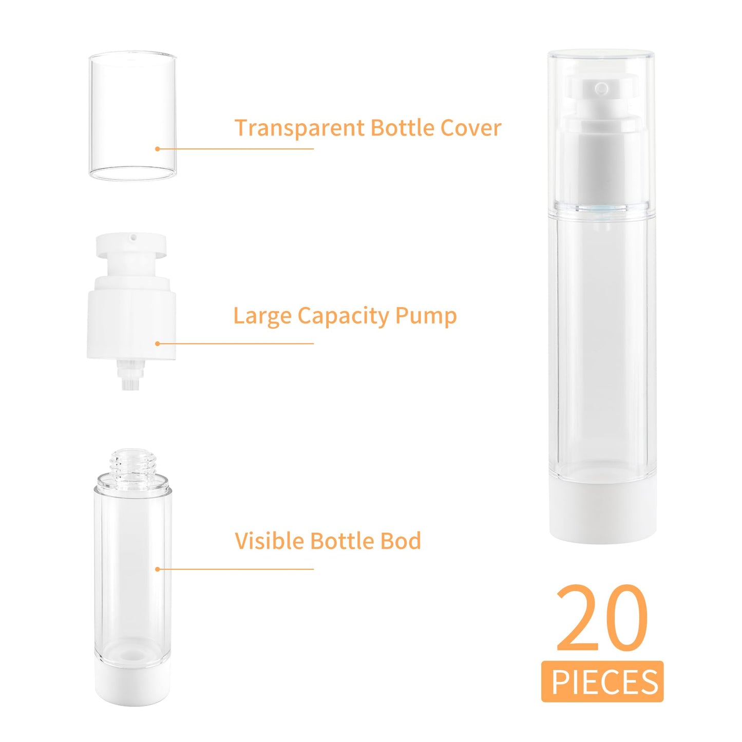 1.7 Oz 50ml Clear Airless Cosmetic Cream Pump Bottle Travel Size Dispenser Refillable Containers/Foundation Travel Pump Bottle for Shampoo (Pack of 20)