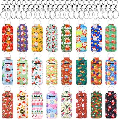 Duufin 24 Pieces Christmas Chapstick Holder Keychain Bulk Lip Balm Neoprene Lipstick Keychain With 24 Metal Clip Cords for Chapstick Tracker and Safeguard, 24 Christmas Style