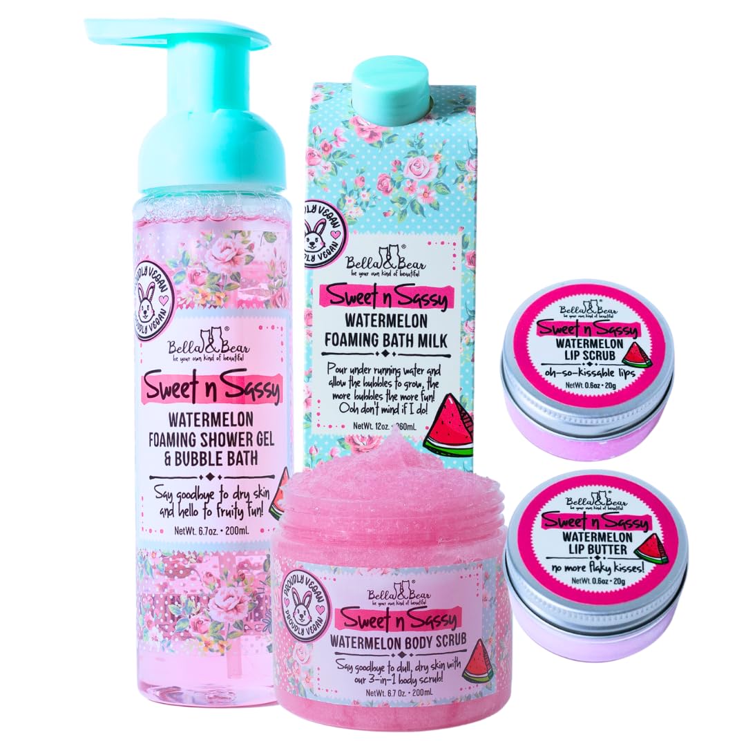 Bella & Bear Sweet 'n' Sassy Watermelon Mega Bath & Body Gift Set with Foaming Shower Gel & Bubble Bath, Bath Milk, Body Scrub & Lip Scrub and Lip Butter Great Gifts for Women