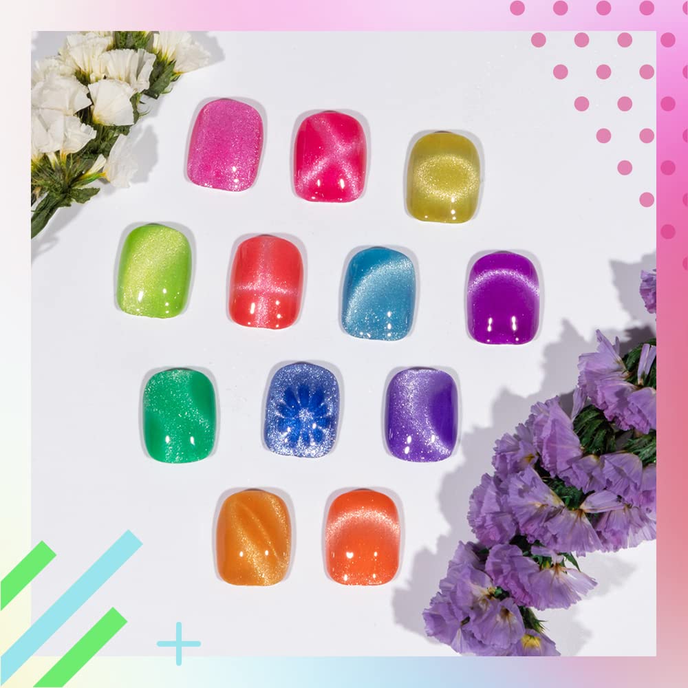 MIZHSE Neon Cat Eye Gel Polish Kit with 3D Metal Stick - 12-Color Glitter Magnetic Gel Polish Set Red Yellow Green Hot Pink Purple - Bright Nail Art Manicure Gift for Women