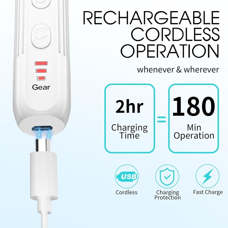 Electric Nail Drill - Professional Cordless Manicure & Pedicure Kit | 3-Speed Rechargeable Nail File for Thick Nails & Cuticles - White