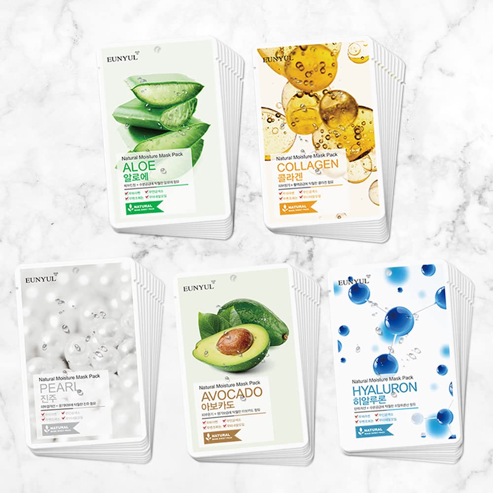 Natural Face Mask Sheet Set - 50 Pack of Korean Skincare Masks | Aloe, Collagen, Pearl, Hyaluron, Avocado