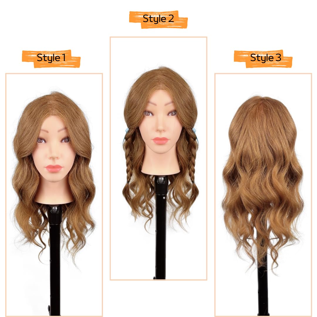 MQHIHI Mannequin Head Human Hair, 100% Real Hair Cosmetology Manikin Head for Practice Braiding Hairstyling Cutting with Free Clamp Holder and Tools (100% Light Brown)