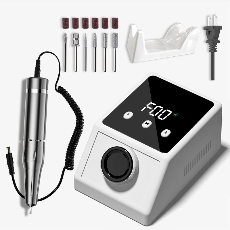 MIRAGE LAYON 45000RPM Professional Nail Drill Kit for Home & Salon - Electric Nail File with LCD Display, 6 Drill Bits, Low Noise Design - Portable Manicure Tool for Gel, Acrylic, Pedicure (White)