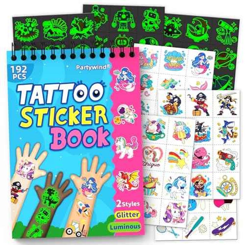 Partywind 192 Styles Glow & Glitter Temporary Tattoos Book for Kids, 16 Themes Kid Temporary Tattoos for Party Favors Classroom Prizes,Tattoos for Kids Birthday Supplies Goodie Bags Stuffer