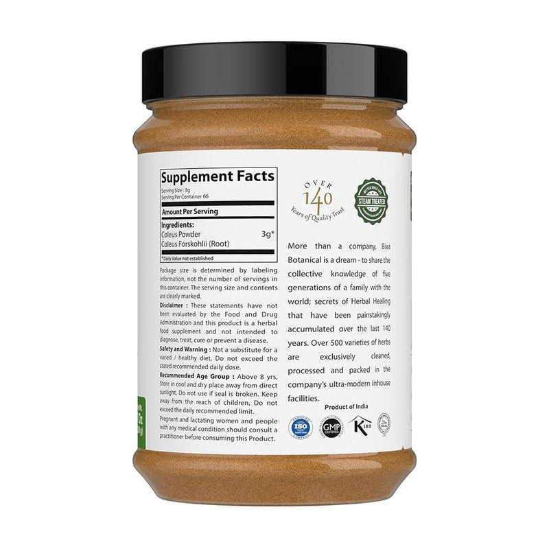 bixa BOTANICAL Coleus Forskohlii Root Powder | Forskolin-Rich Herb | 200 Grams / 7 OZ | Gluten Free, Steam Treated, Vegan, 100% Pure.