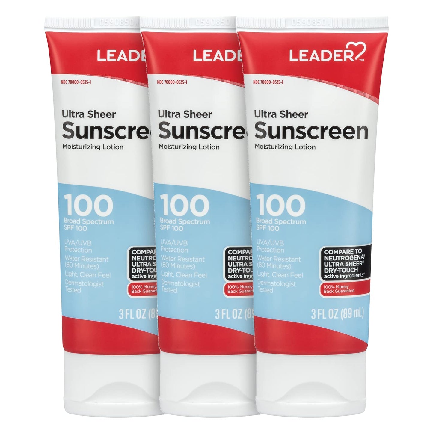 LEADER Travel Sunscreen SPF 100+, Ultra Sheer Dry-Touch Water Resistant and Non-Greasy Lotion with Broad Spectrum SPF 100+, 3 Fl Oz (3 Pack)