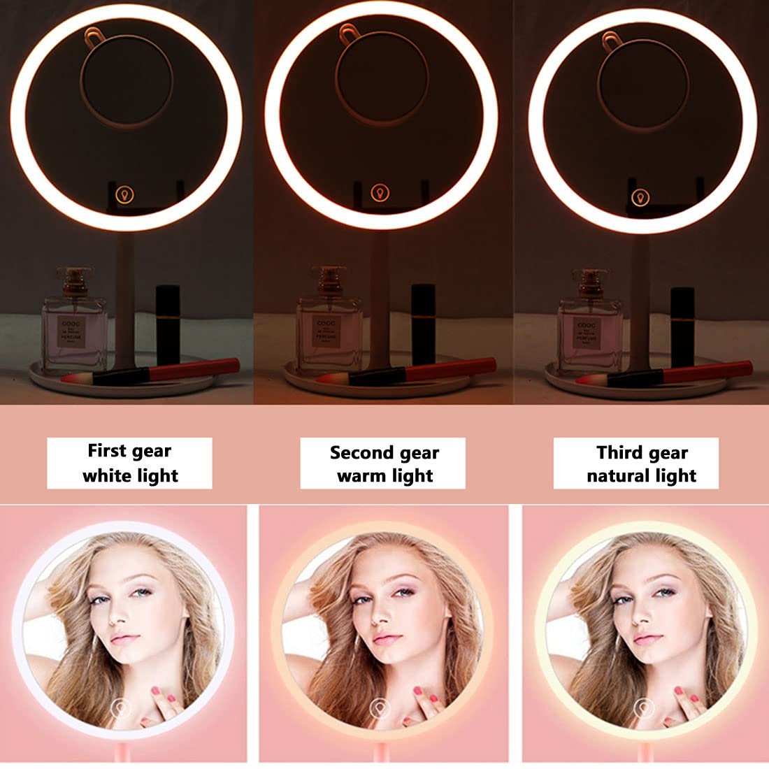 CigyYogy Travel Makeup Desk Mirror with Lights with a 5X Magnified Small Compact Mirror Handheld Pocket Purse Portable - Oblong Base - Pink - Ideal Gift for Women Girls Lady Men - Pack of 2