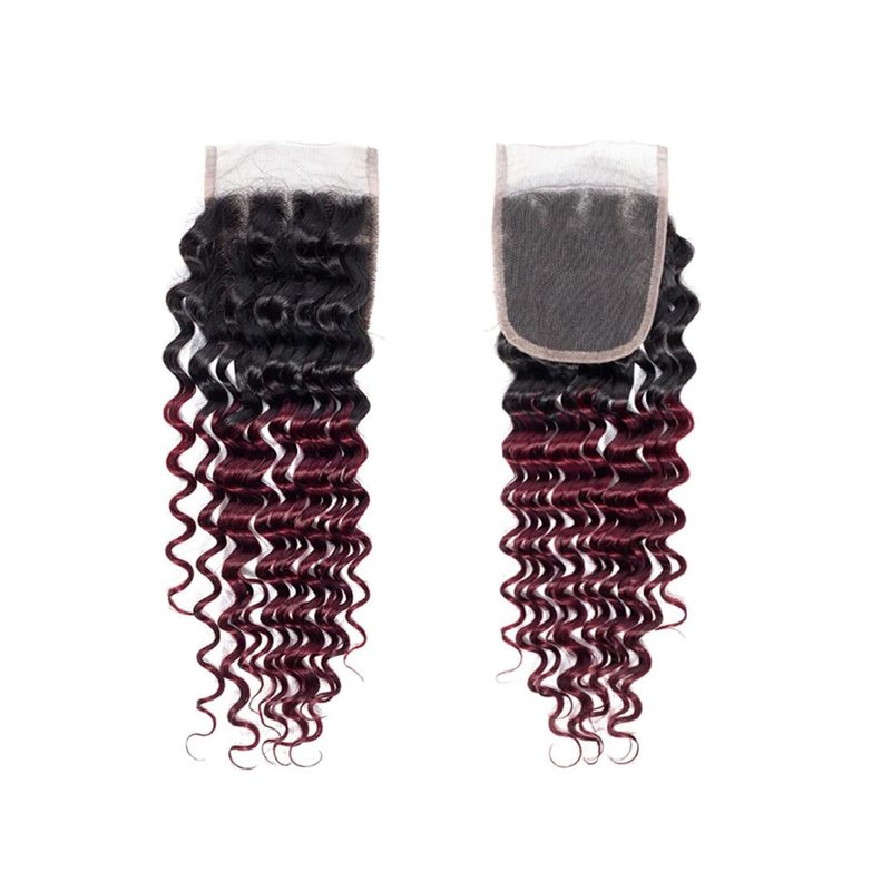 1b99j Burgundy Deep Wave Ombre Closure 4x4 Transparent Lace Closure Human Hair Unprocessed Brazilian Virgin Remy Hair High Density 2 Tone 1b/99j Wet And Wavy Deep Curly 18 Inch