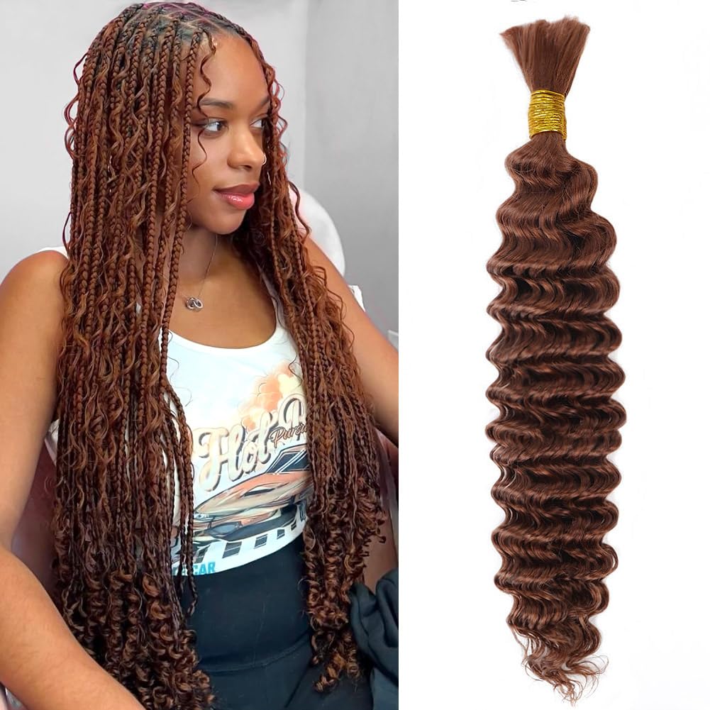 20 Inch 50g Human Braiding Hair 1 Bundles/Pack Deep Wave Bulk Human Braiding Hair for Boho Braids Wet and Wavy Brown Braiding Hair #30 Color No Weft Micro Braiding Hair Human Hair Extensions