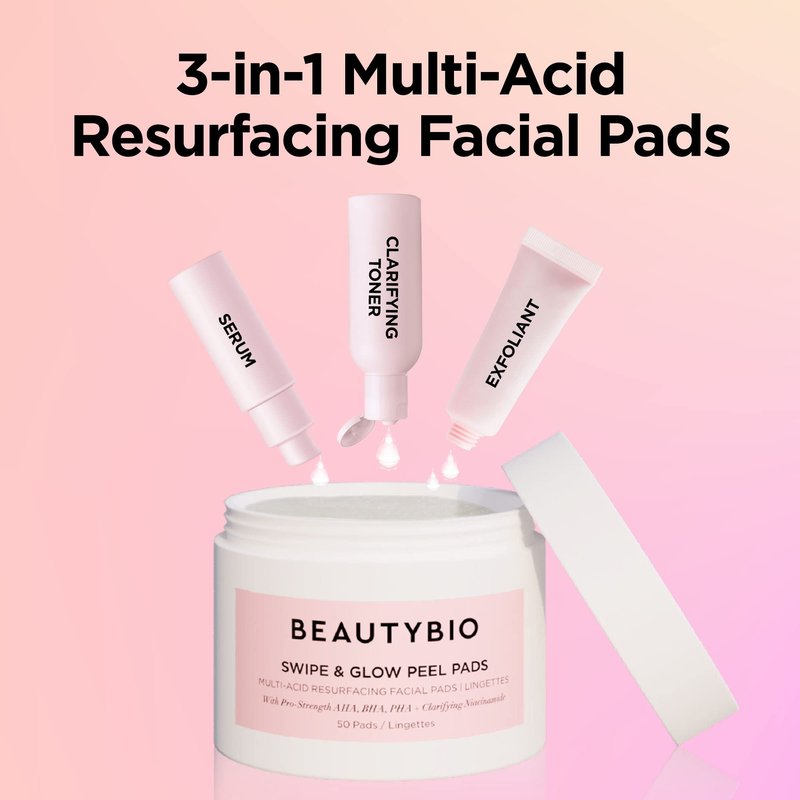 BeautyBio Swipe & Glow Peel Pads, Clarifying & Resurfacing Multi-Acid Facial Pads (50 Number)