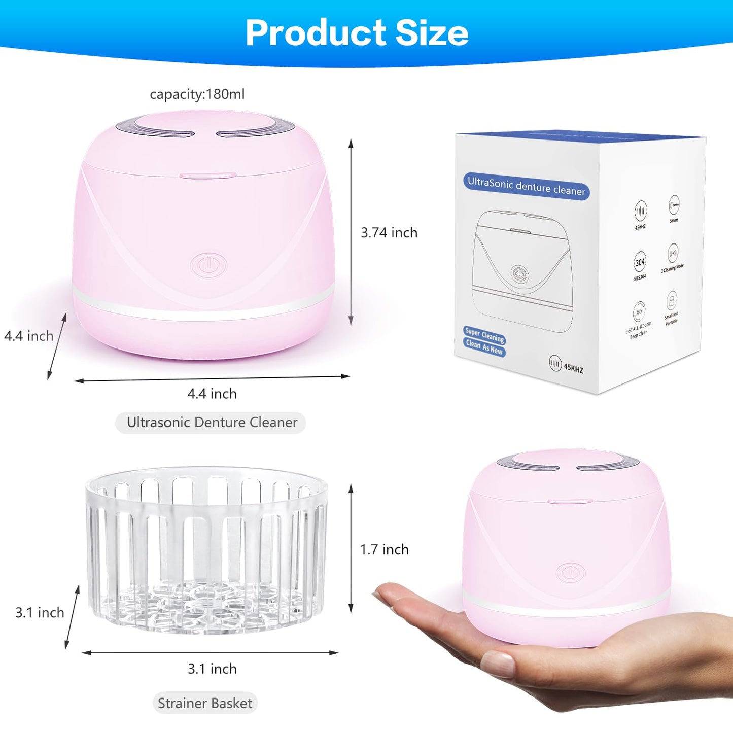 Ultrasonic denture cleaner for dentures, mouth guards, toothbrush heads, jewelry - 45 kHz Ultrasonic Retainer Cleaner (Pink)
