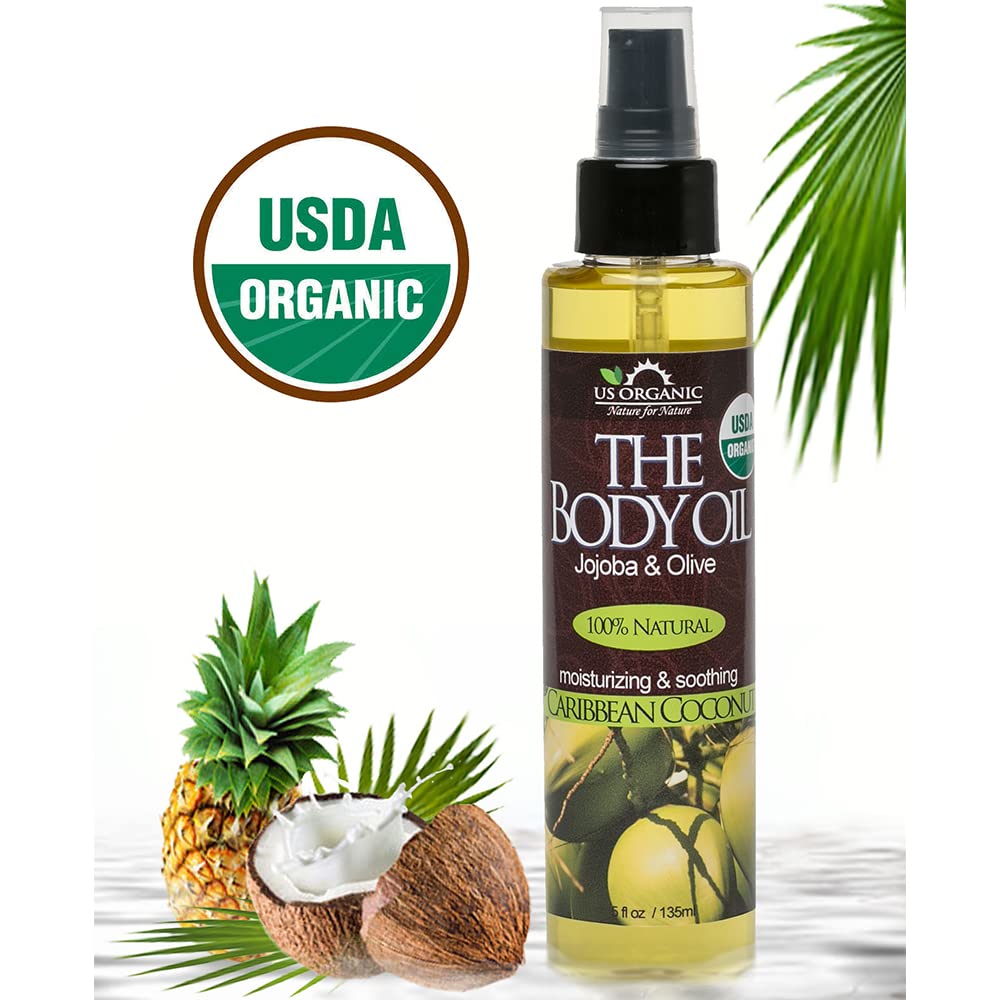 US Organic Body Oil, Smooth Caribbean Coconut - Jojoba and Olive Oil with Vitamin E, USDA Certified, No Alcohol, Paraben, Artificial Detergents, Color or Synthetic perfume, 5 Fl.oz (Caribbean Coconut)