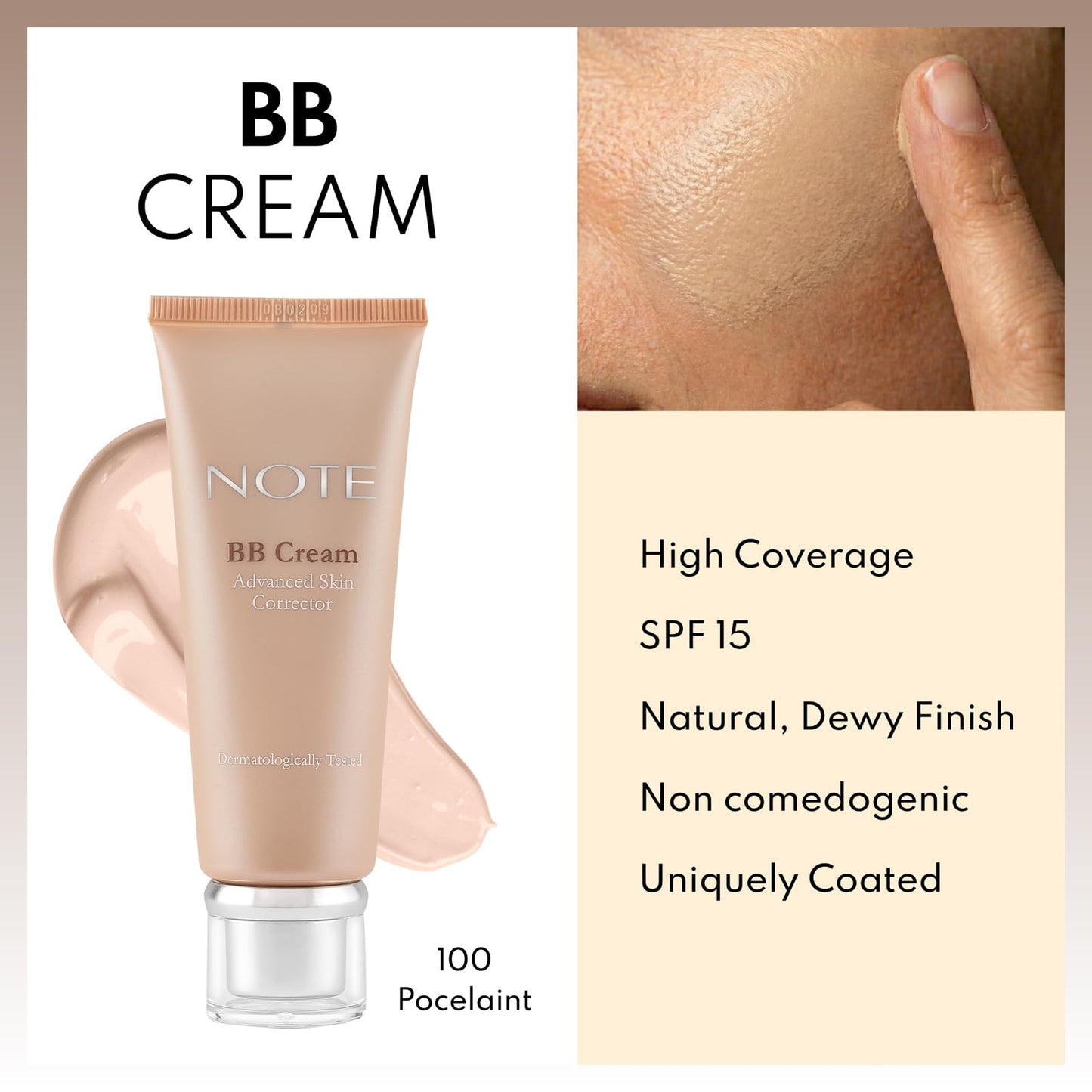 Note Cosmetique BB Cream SPF 15 - Tinted Moisturizer Face Cream with Vitamin E - Hydrating Foundation Makeup - 100 Porcelain - 1 oz