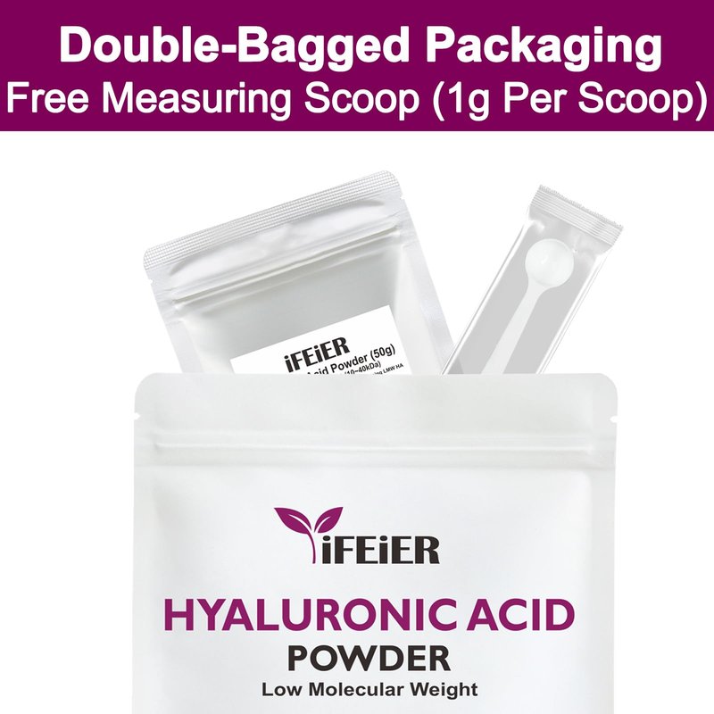 iFEiER Hyaluronic Acid Powder | Low Molecular Weight Hyaluronic Acid Powder | 50g(1.76oz) Cosmetics Grade | Sodium Hyaluronate HA | LMW HMW HA ingredient for DIY Serums