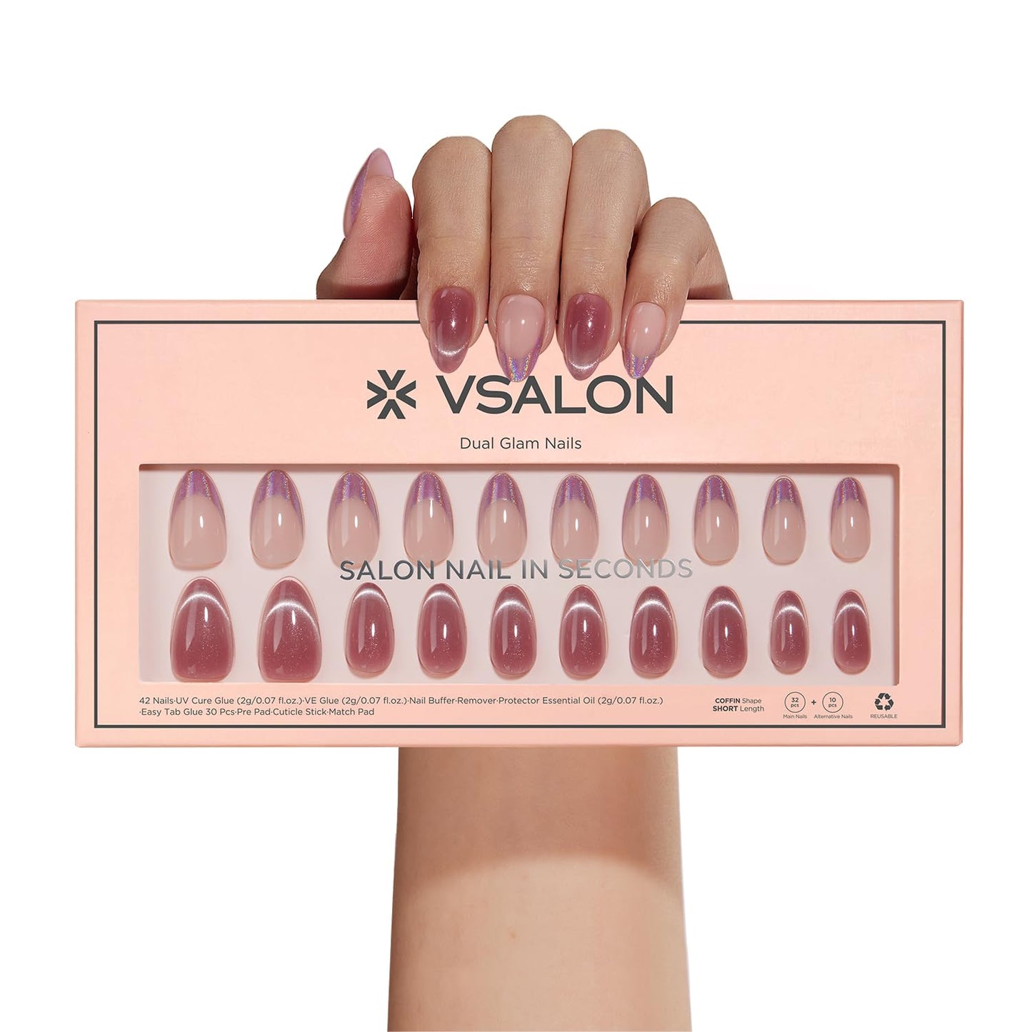 VSALON Short Almond Press on Nails Holographic French Rose Pink Cat Eye