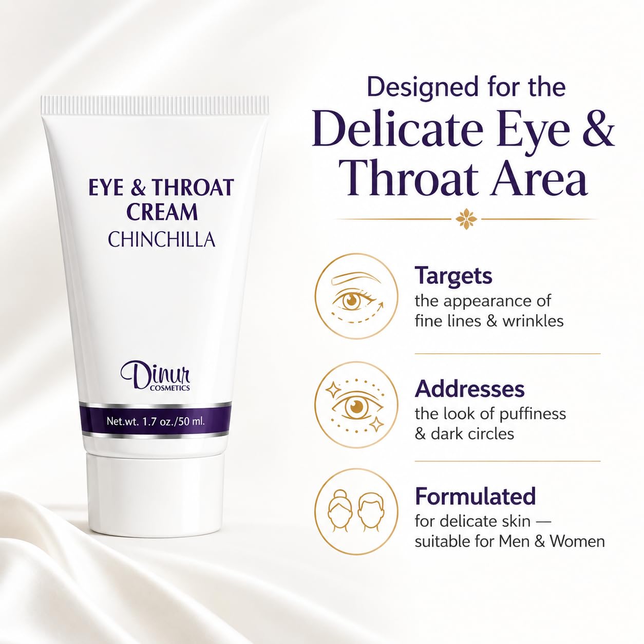 Dinur Cosmetics Chinchilla Eye & Throat Cream Reduces Fine Lines Wrinkles Puffy Eyes & Under Eye Dark Circles Penetrates Delicate Skin for Men & Women 1.7 oz. 50 ml