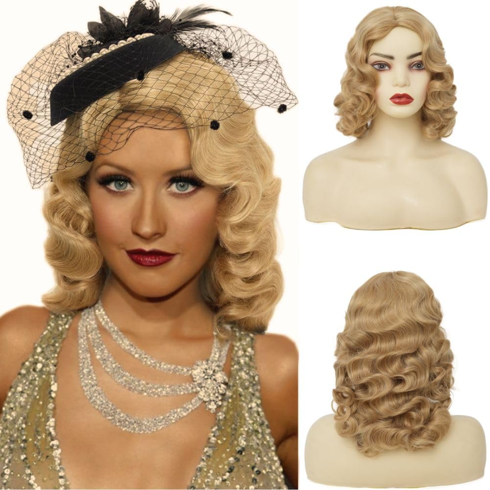 Blonde Finger Wave Wig - 1920s Vintage Style | Medium Length, Side Part, Heat Resistant Synthetic Hair for Daily Wear & Parties