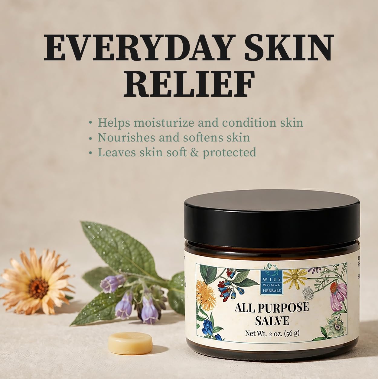 Wise Woman Herbals All-Purpose Salve, Herbal Balm with Calendula & Comfrey, Soothes Dry, Irritated Skin, Postpartum Skin Care, Nourishing Skin Support for All Ages, Non-GMO, 2 oz Jar