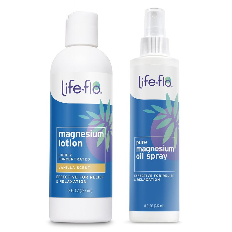 LIFE-FLO Magnesium Lotion and Pure Magnesium Oil Spray Bundle - with Magnesium Chloride from The Zechstein Seabed - 100% Magnesium Oil for Feet and Body and Unscented Lotion (8 Oz Pack of 2, Vanilla)
